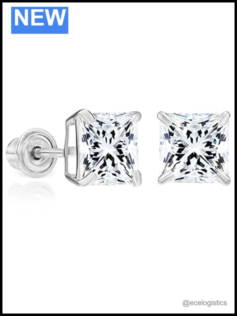 14k White Gold Princess Cut CZ Solitaire Stud Earrings Screw Back